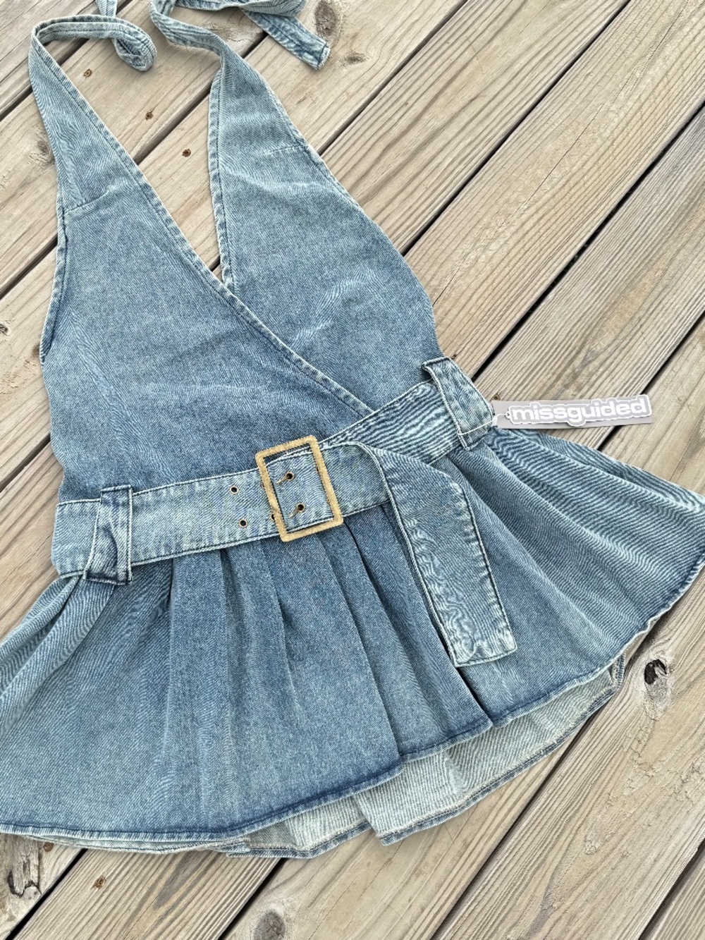 Misguided denim sundress with a wide belt, size L